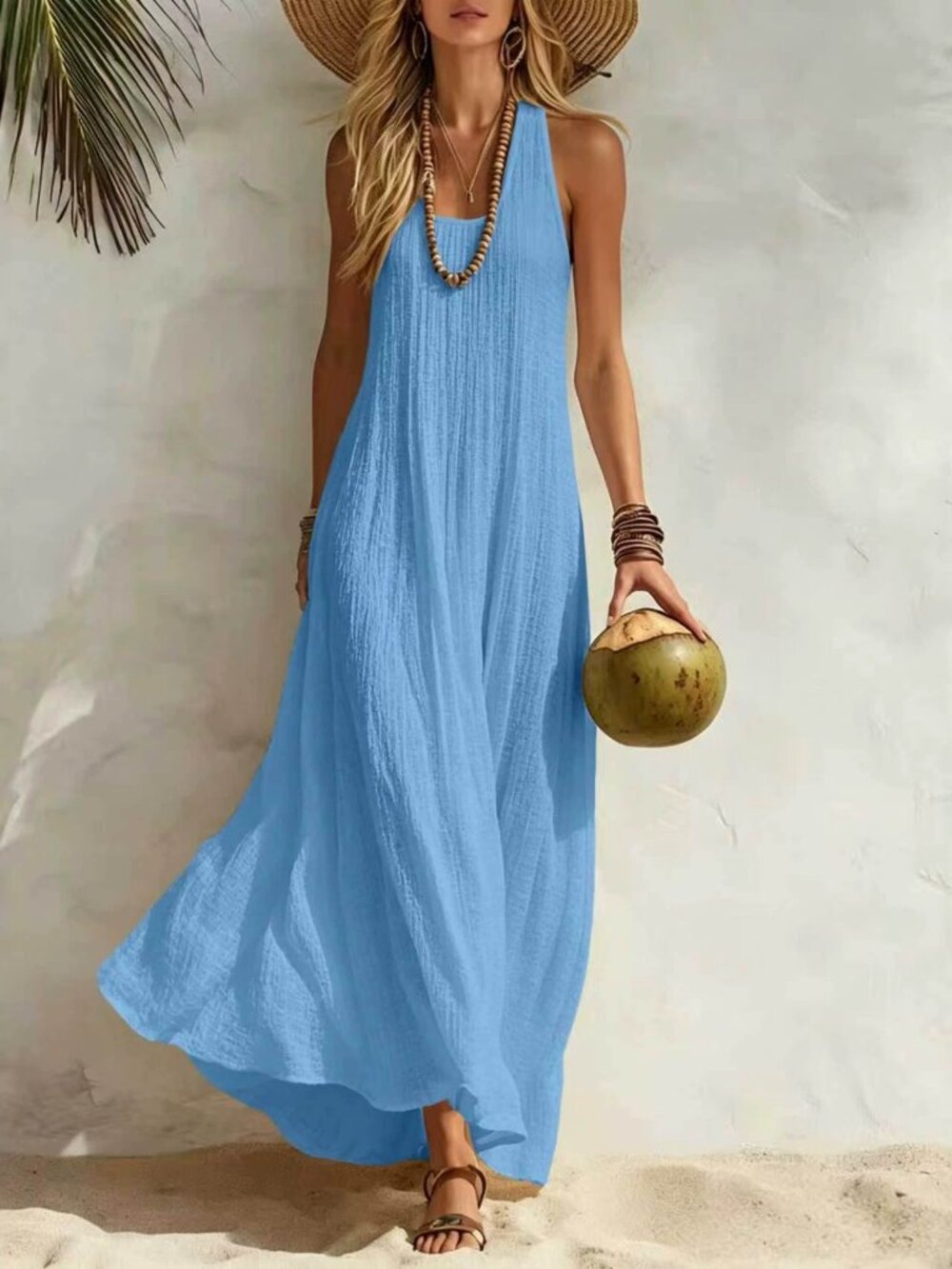 Women's Sky Blue Sleeveless Scoop-Neck Relaxed Swing Maxi Dress